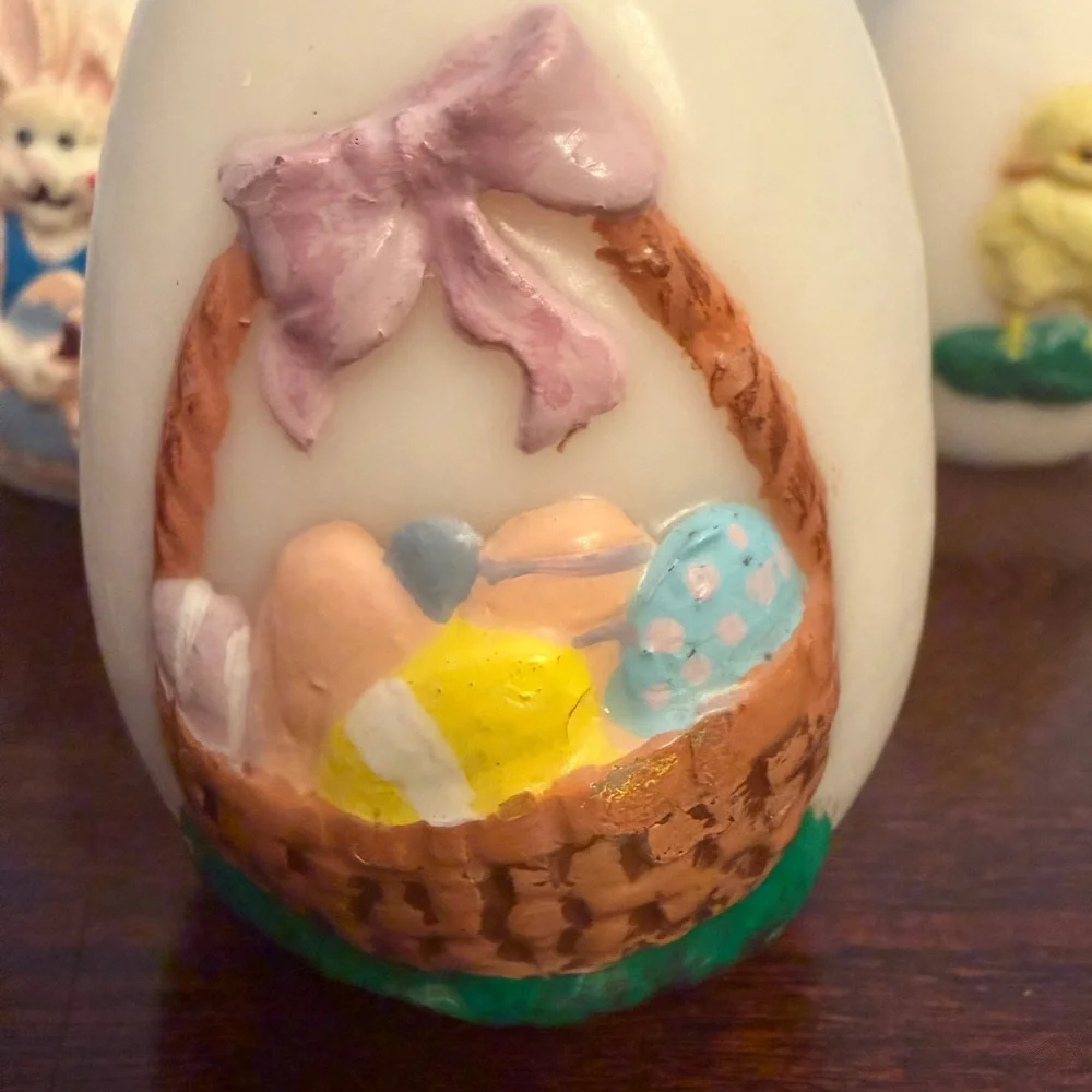 Vintage Egg Shaped Wax CandlesEaster Bunny Chick Design Unlit White Set Of 3
